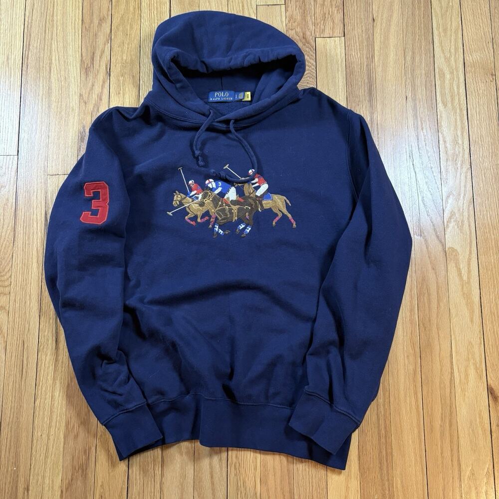 Polo Ralph Lauren Men L Navy Triple Pony Player Fleece Sweatshirt Hoodie Sweater - Picture 9 of 15